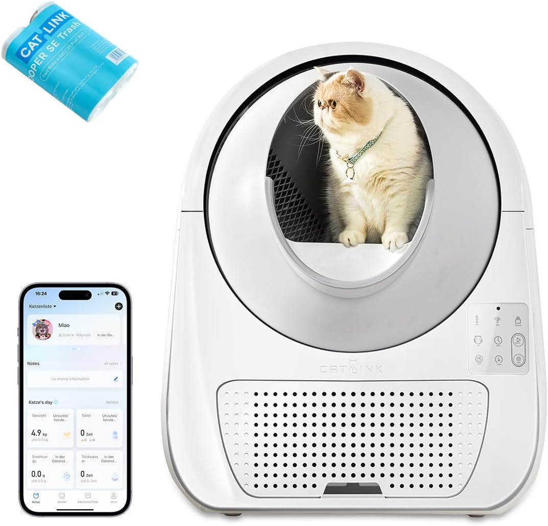 CATLINK Pro-X Selbstreinigendes Katzenklo mit APP-13L Abfallbehälter für große Katzen, 4 Reinigungsmodi, 4-fache Geruchskontrolle (Ozon+UV+Aktivkohle+Deo-Gel), Multi-Katzen-Erkennung (Weiß)