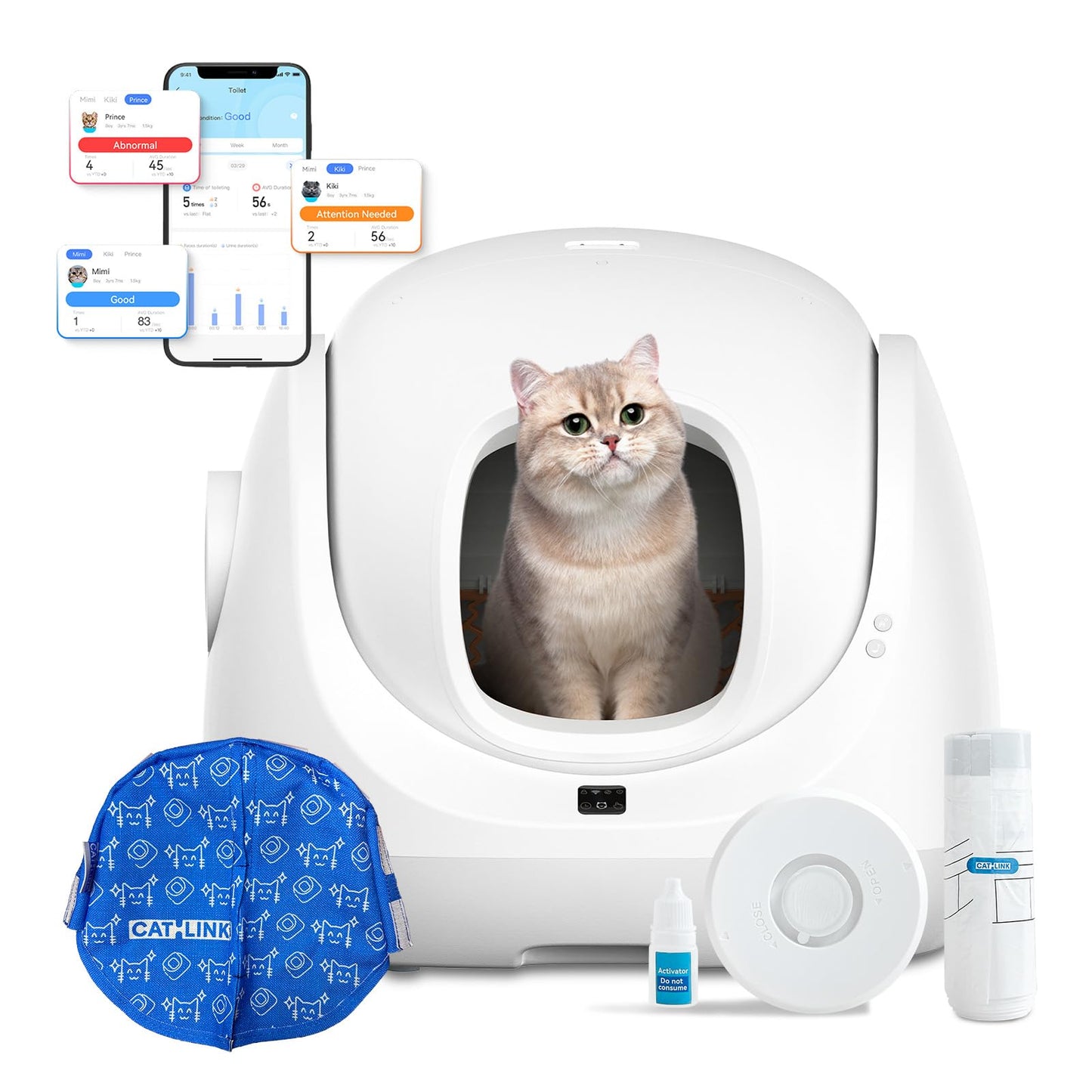 CATLINK Pro-X Selbstreinigendes Katzenklo mit APP-13L Abfallbehälter für große Katzen, 4 Reinigungsmodi, 4-fache Geruchskontrolle (Ozon+UV+Aktivkohle+Deo-Gel), Multi-Katzen-Erkennung (Weiß)