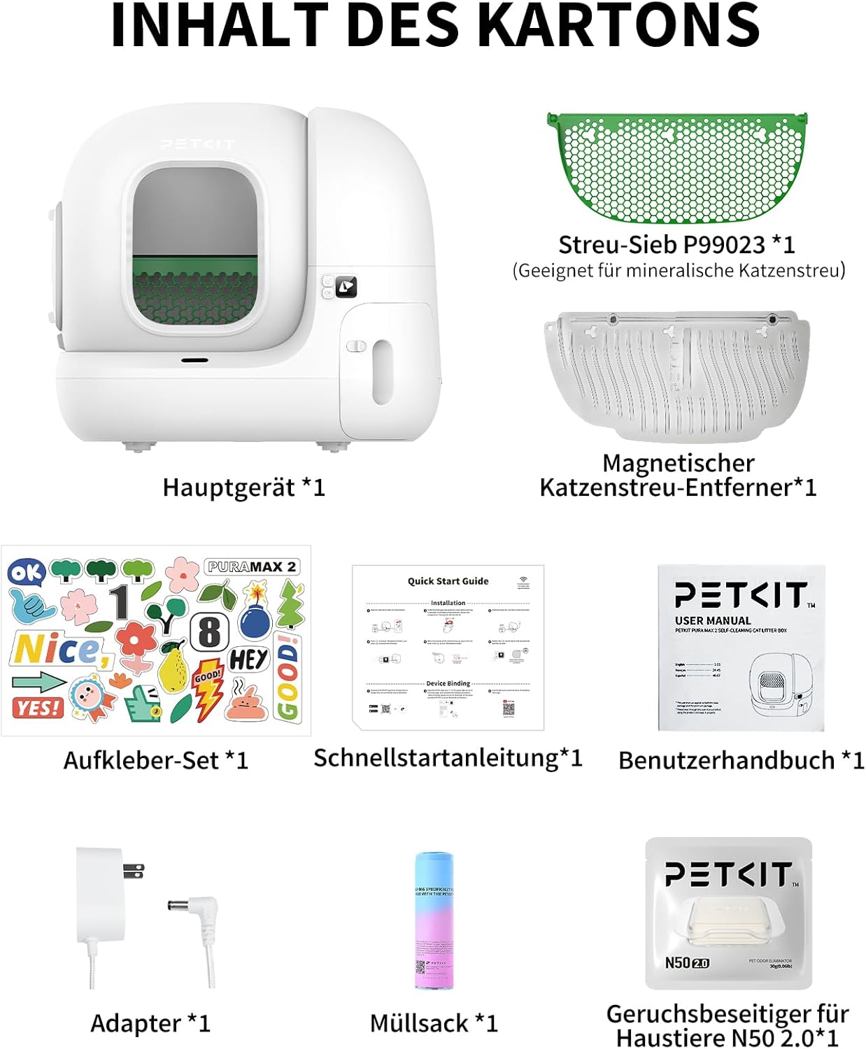 PETKIT Pura Max 2 Selbstreinigende Katzentoilette, 76L Katzenklo Selbstreinigend,xSecure,Geruchsbeseitigung,App-Steuerung,Große Fassungsvermögen,für Mehrere Katzen(Deo und Sandkissen Frei, mit N50)
