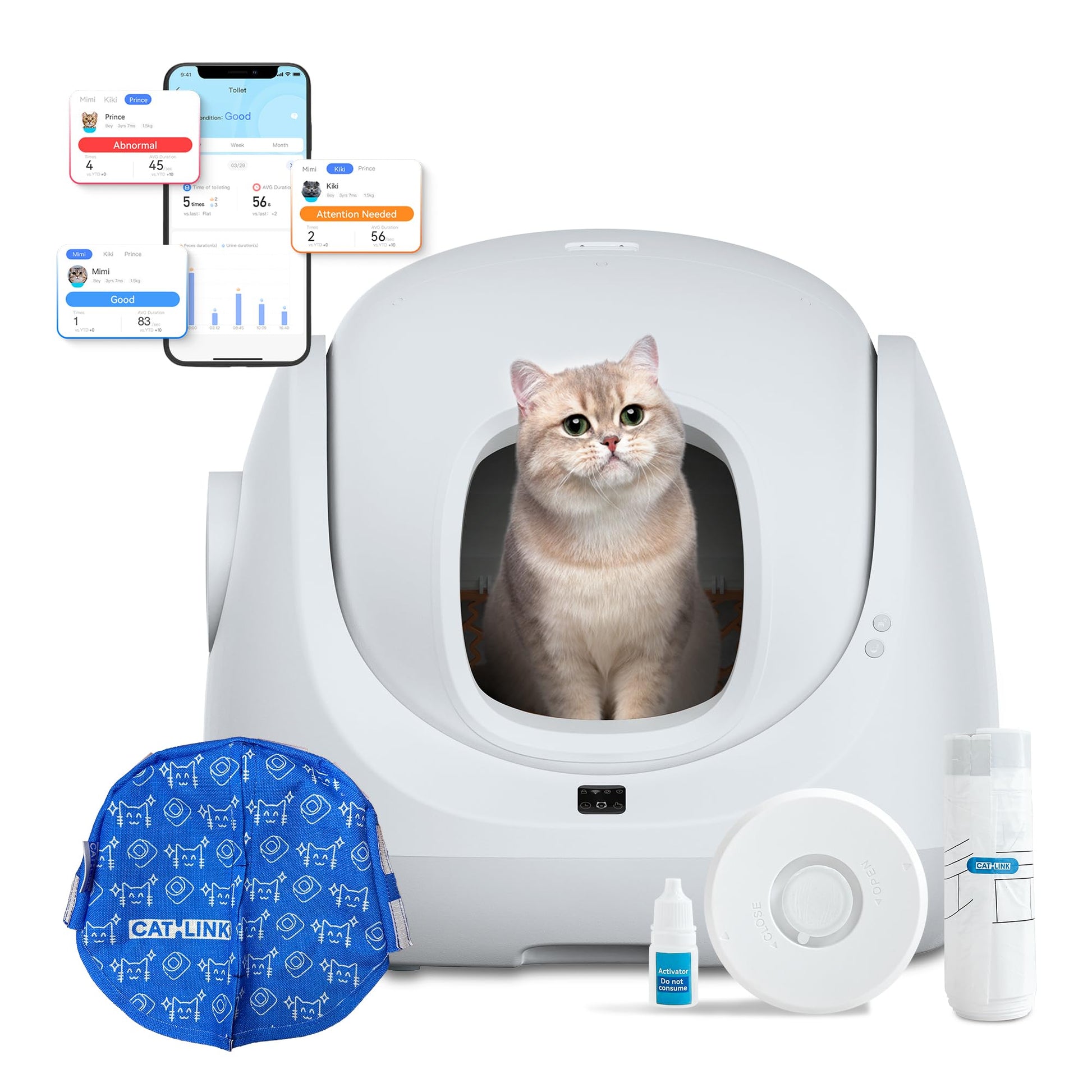 CATLINK Pro-X Selbstreinigendes Katzenklo mit APP-13L Abfallbehälter für große Katzen, 4 Reinigungsmodi, 4-fache Geruchskontrolle (Ozon+UV+Aktivkohle+Deo-Gel), Multi-Katzen-Erkennung (Weiß)