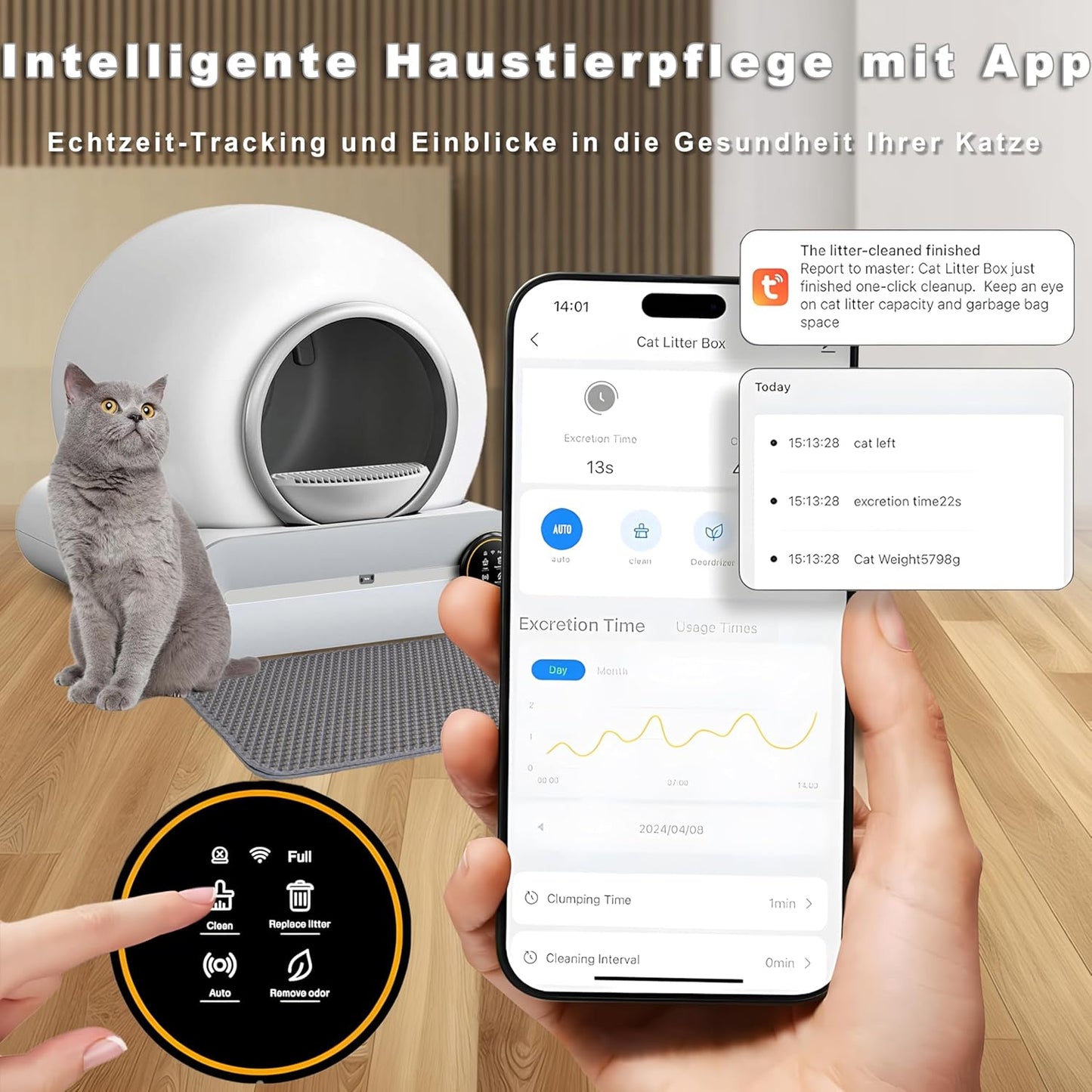 XQDKoon Katzenklo Selbstreinigend, 65L Selbstreinigende Katzentoilette mit 2 Rollen Müllsäcken und Katzenstreumatten, APP Steuerung, Überwachung der Gesundheit für Mehrere Katzen(A)