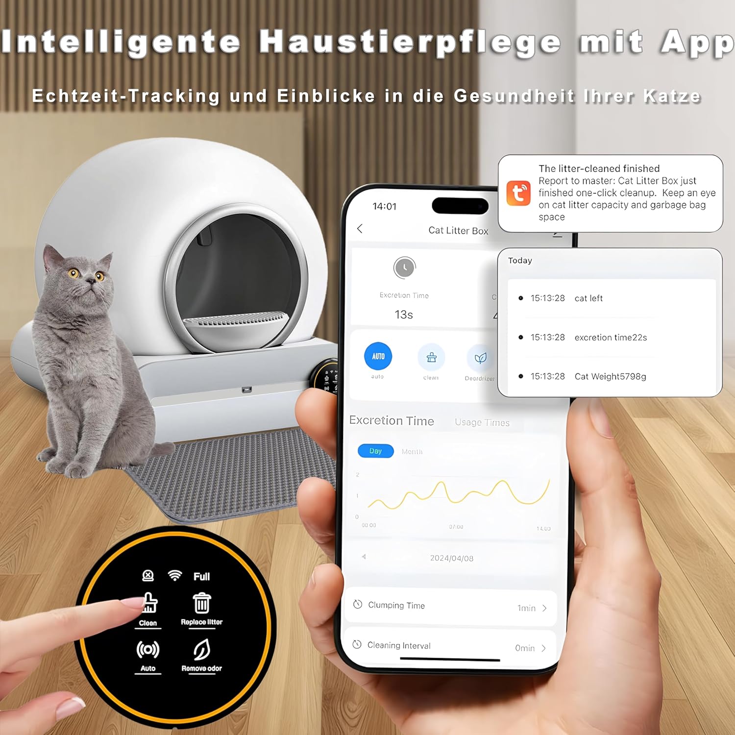 XQDKoon Katzenklo Selbstreinigend, 65L Selbstreinigende Katzentoilette mit 2 Rollen Müllsäcken und Katzenstreumatten, APP Steuerung, Überwachung der Gesundheit für Mehrere Katzen(A)