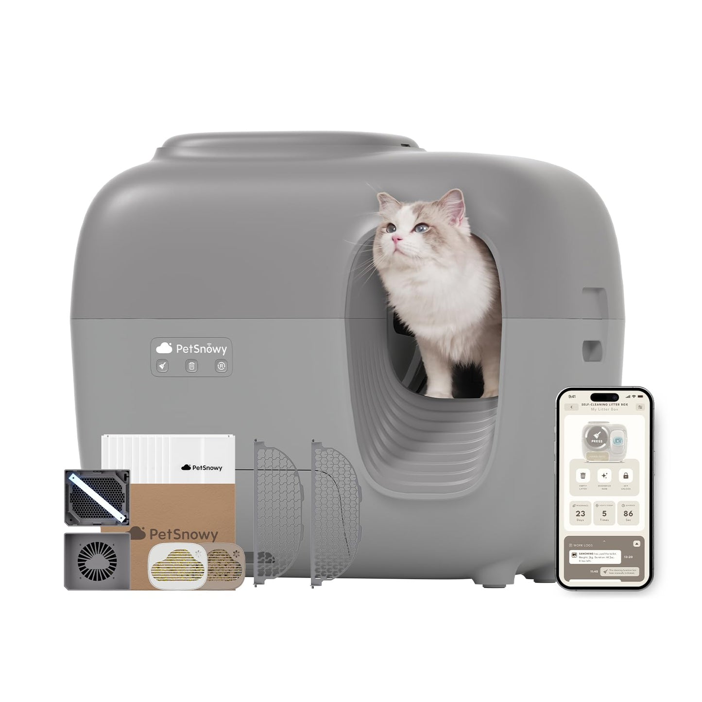 PetSnowy Katzenklo Selbstreinigend Katzentoilette mit TiO2-Geruchskontrollsystem, App-Steuerung, Auto-Packing für große Katzen & Mehrkatzenhaushalte 1,5-9 kg, Max Kapazität von 83L (2025 Premium)