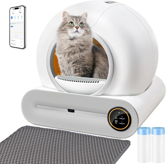 XQDKoon Katzenklo Selbstreinigend, 65L Selbstreinigende Katzentoilette mit 2 Rollen Müllsäcken und Katzenstreumatten, APP Steuerung, Überwachung der Gesundheit für Mehrere Katzen(A)