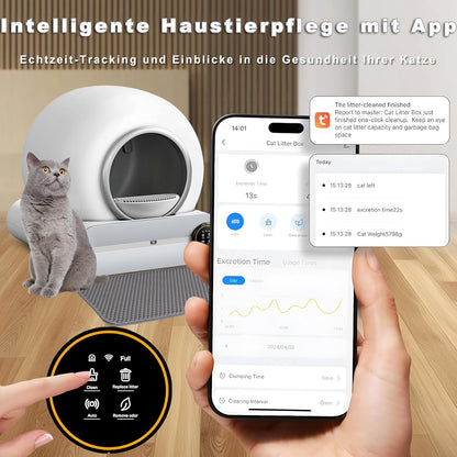 XQDKoon Katzenklo Selbstreinigend, 65L Selbstreinigende Katzentoilette mit 2 Rollen Müllsäcken und Katzenstreumatten, APP Steuerung, Überwachung der Gesundheit für Mehrere Katzen(A)